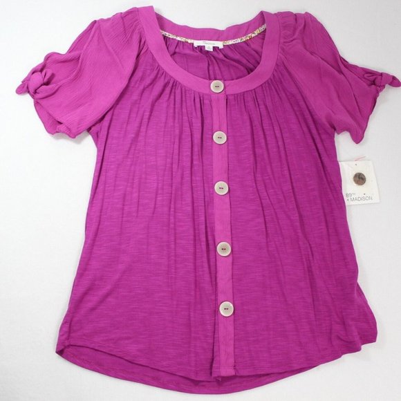 89th Madison Womens Violet Button Scoop Neck Pleated Blouse Size S - Picture 1 of 8